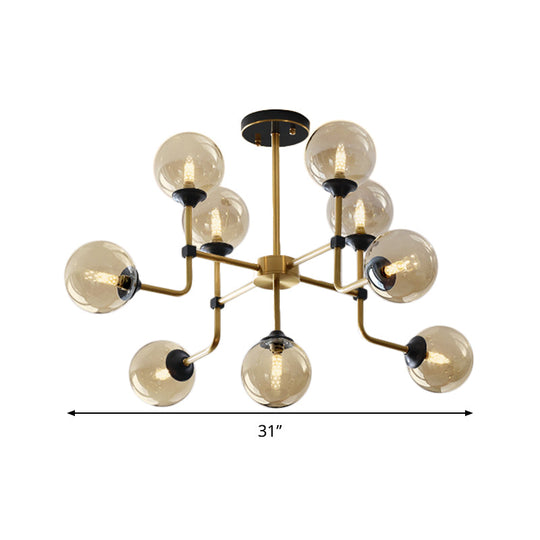 Modernist Amber Glass Globe Semi Flush Ceiling Mount Light Fixture (9/13 Bulbs) In Brass