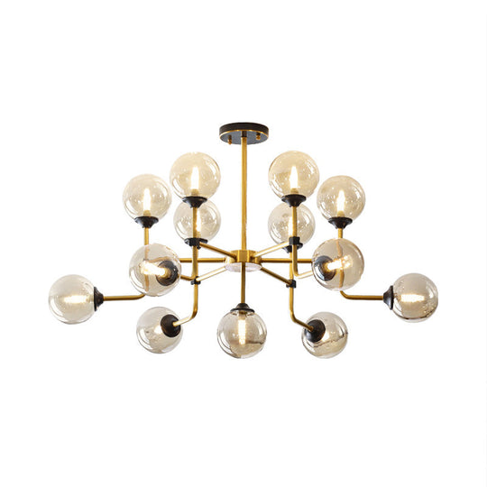 Modernist Amber Glass Globe Semi Flush Ceiling Mount Light Fixture (9/13 Bulbs) In Brass