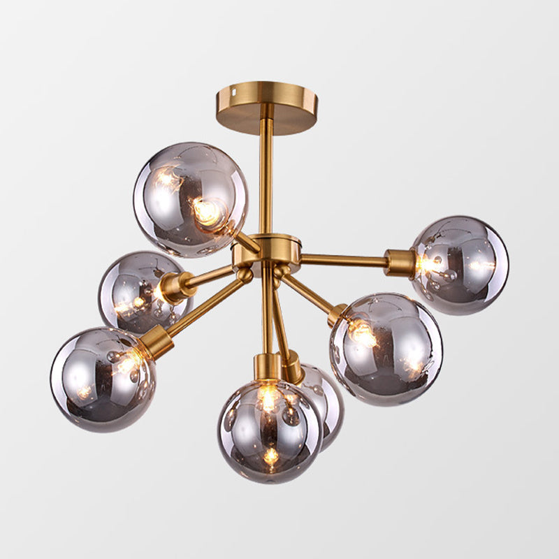 Minimalist Brass Flush Mount Chandelier With White/Smoke Gray Glass – 7/9/10 Lights