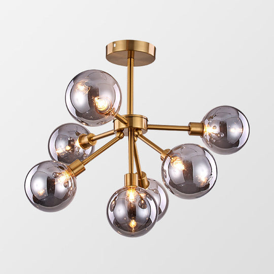 Minimalist Brass Flush Mount Chandelier With White/Smoke Gray Glass – 7/9/10 Lights