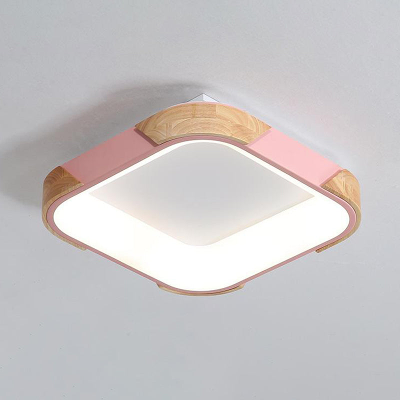 Square Macaron Flush Light Grey/White/Pink Wood Led Ceiling Fixture Warm/White 14’/18’/24’ Wide