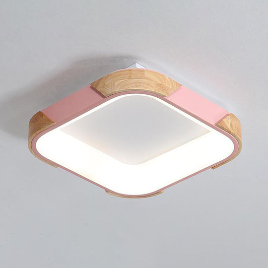 Square Macaron Flush Light Grey/White/Pink Wood Led Ceiling Fixture Warm/White 14’/18’/24’ Wide
