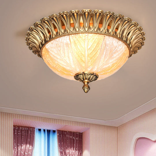 Postmodern Ridged Crystal Flush Mount Brass Ceiling Lamp For Bedroom - 3 Heads