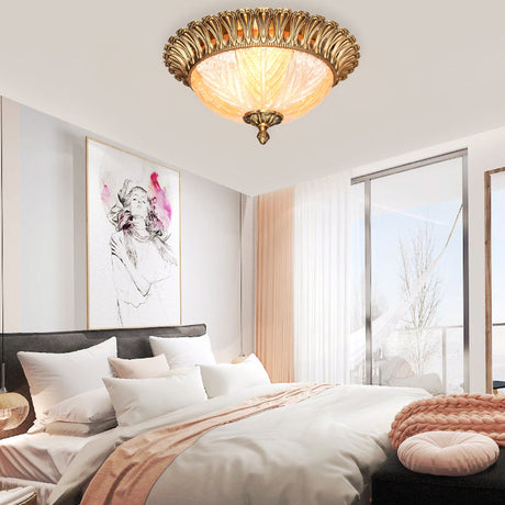 Postmodern Ridged Crystal Flush Mount Brass Ceiling Lamp For Bedroom - 3 Heads