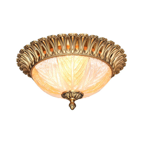Postmodern Ridged Crystal Flush Mount Brass Ceiling Lamp For Bedroom - 3 Heads