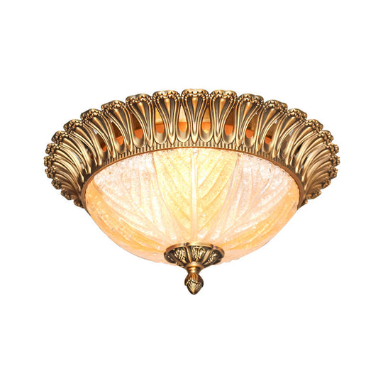 Postmodern Ridged Crystal Flush Mount Brass Ceiling Lamp For Bedroom - 3 Heads