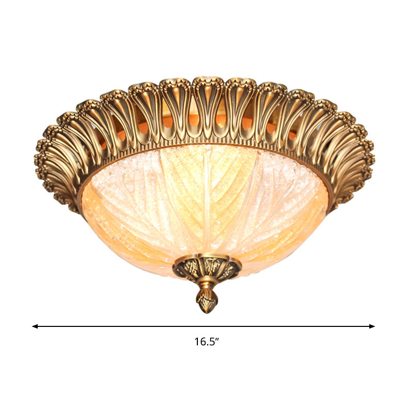 Postmodern Ridged Crystal Flush Mount Brass Ceiling Lamp For Bedroom - 3 Heads