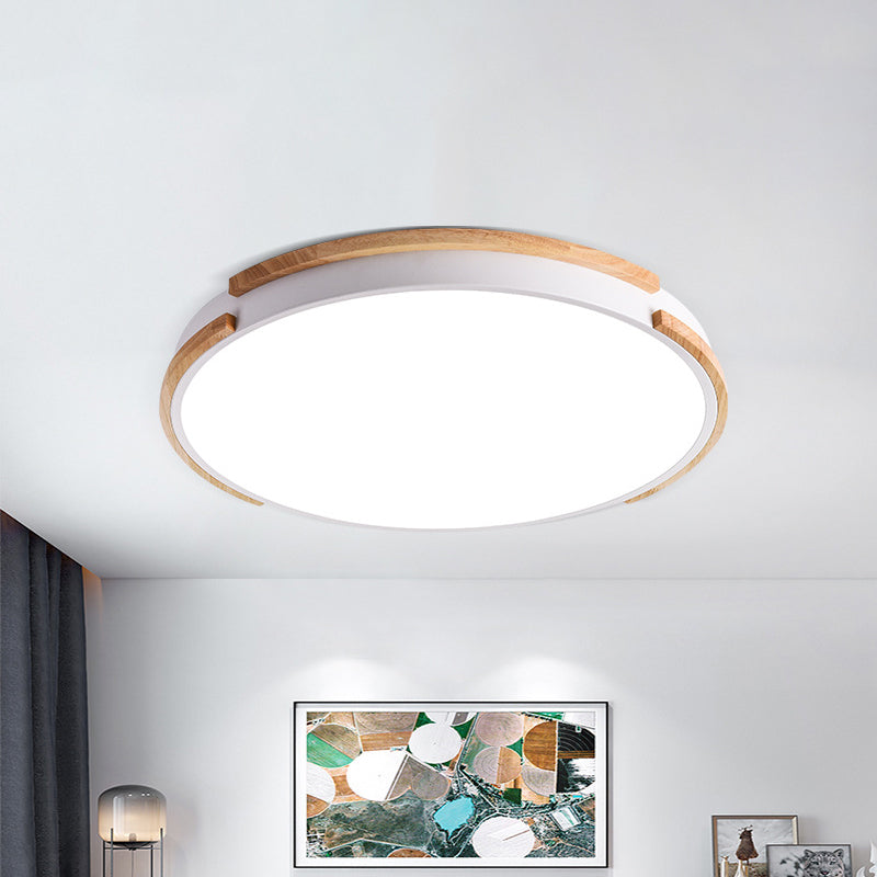 Modern White Flush Mount Led Ceiling Light With Wood Accent & Acrylic Diffuser Perfect For Living