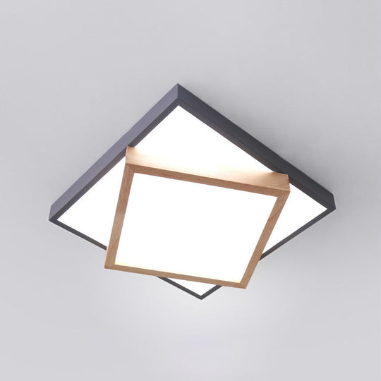 Modern 2-Tier Wood Led Ceiling Light For Living Room In White/Warm - Square Flush Mount