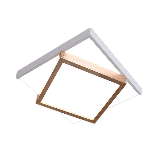 Modern 2-Tier Wood Led Ceiling Light For Living Room In White/Warm - Square Flush Mount