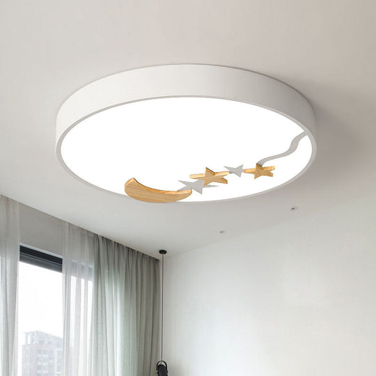 Contemporary Round Metal Led Close To Ceiling Lamp With Wooden Moon And Star Decoration -