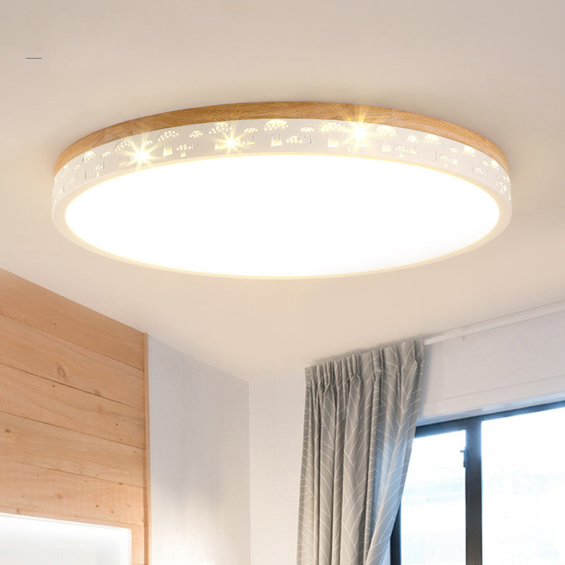 Modern Led Flush Light Fixture: Wood Circle Design With Acrylic Diffuser - White/Warm