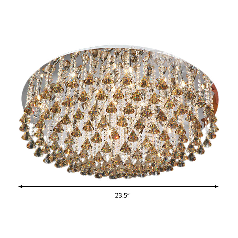 Modern Crystal Drop Nickel Led Drum Ceiling Light Fixture For Living Room
