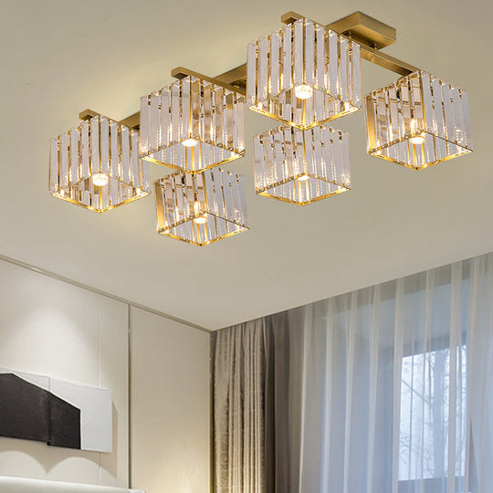 Square Crystal Rod Ceiling Light Fixture - Modern Semi Flush Mount With Tri-Sided Design (4/6/9
