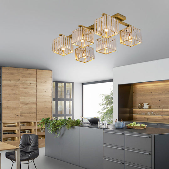 Square Crystal Rod Ceiling Light Fixture - Modern Semi Flush Mount With Tri-Sided Design (4/6/9