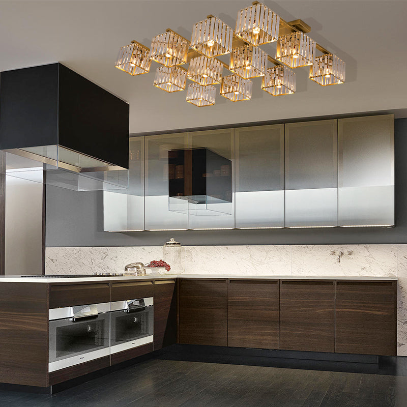 Square Crystal Rod Ceiling Light Fixture - Modern Semi Flush Mount With Tri-Sided Design (4/6/9