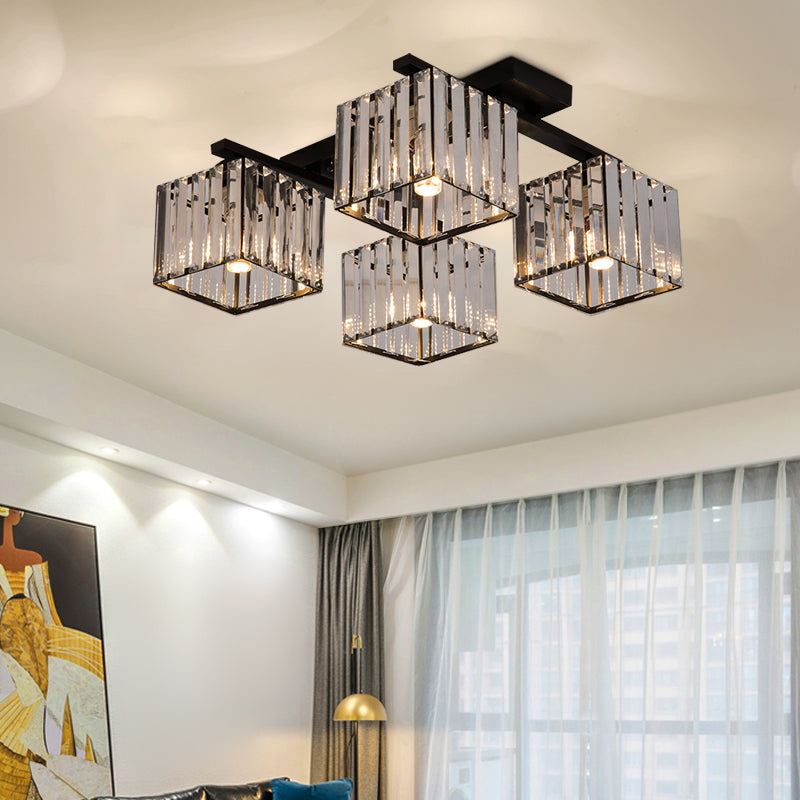Square Crystal Rod Ceiling Light Fixture - Modern Semi Flush Mount With Tri - Sided Design (4/6/9