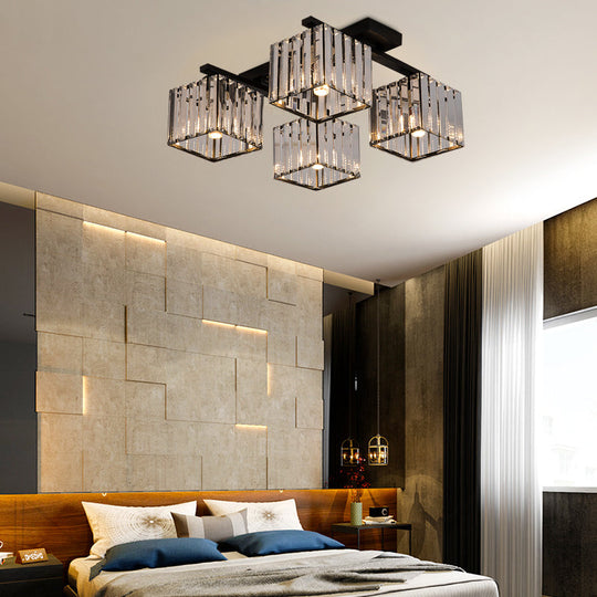 Square Crystal Rod Ceiling Light Fixture - Modern Semi Flush Mount With Tri-Sided Design (4/6/9