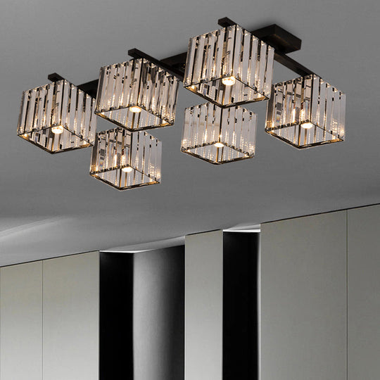 Square Crystal Rod Ceiling Light Fixture - Modern Semi Flush Mount With Tri-Sided Design (4/6/9