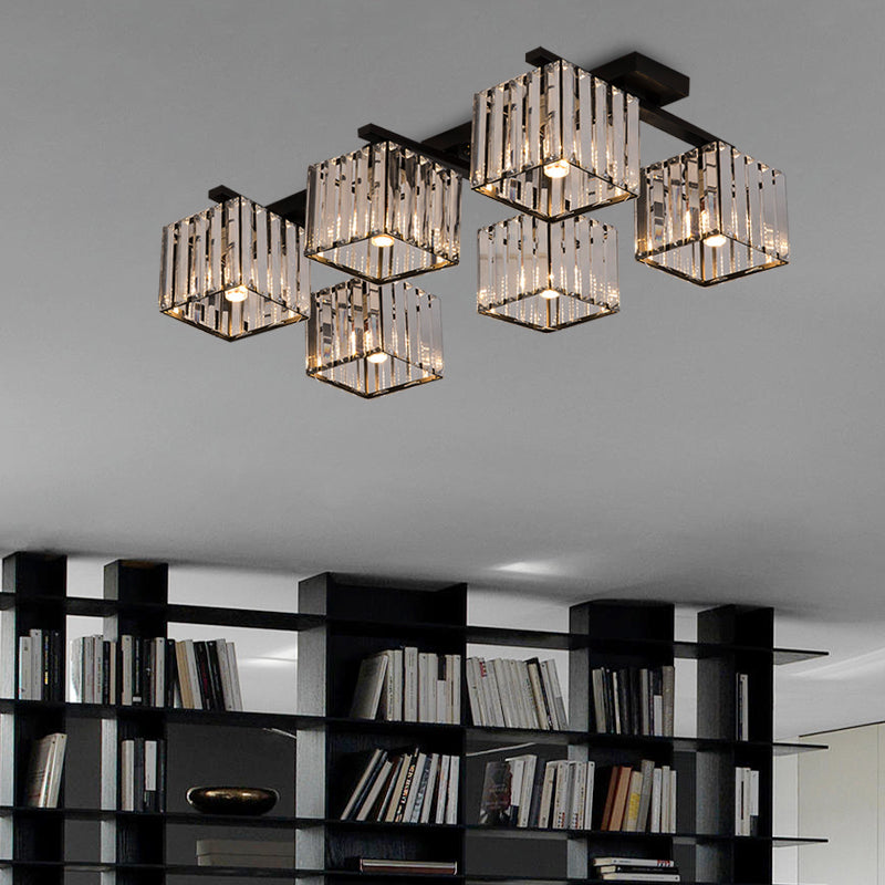 Square Crystal Rod Ceiling Light Fixture - Modern Semi Flush Mount With Tri-Sided Design (4/6/9
