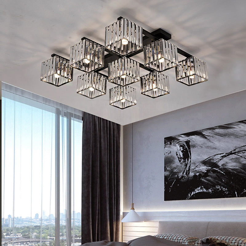 Square Crystal Rod Ceiling Light Fixture - Modern Semi Flush Mount With Tri-Sided Design (4/6/9