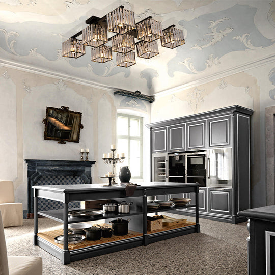 Square Crystal Rod Ceiling Light Fixture - Modern Semi Flush Mount With Tri-Sided Design (4/6/9