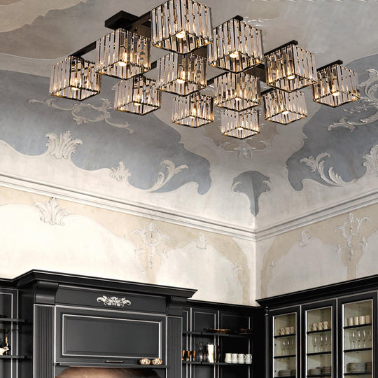Square Crystal Rod Ceiling Light Fixture - Modern Semi Flush Mount With Tri-Sided Design (4/6/9