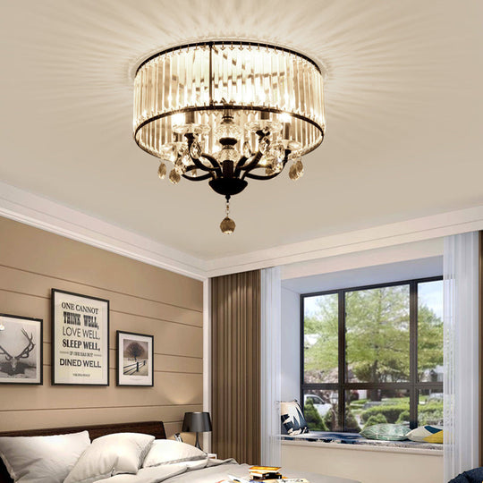 Contemporary 4-Head Semi Flush Crystal Light Fixture: Round Block Design In Black With White