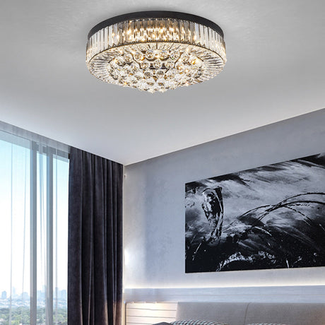 Modern Black Led Crystal Block Drum Ceiling Light Stepless Dimming 3 Color + Remote Control