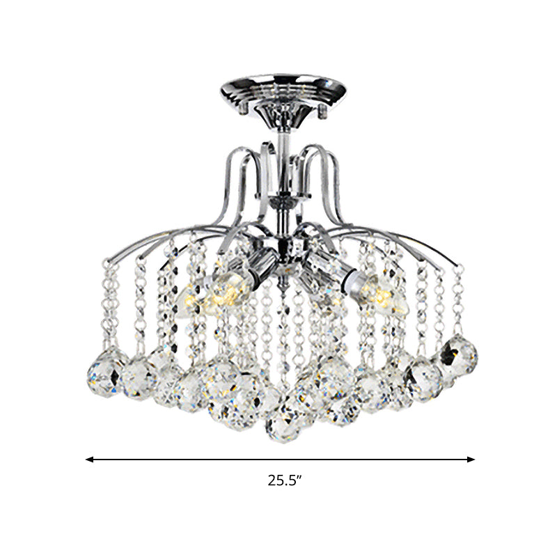 Sleek Cascade Ceiling Fixture Crystal Ball - 8 - Head Semi Flush Light In Chrome For Living Room
