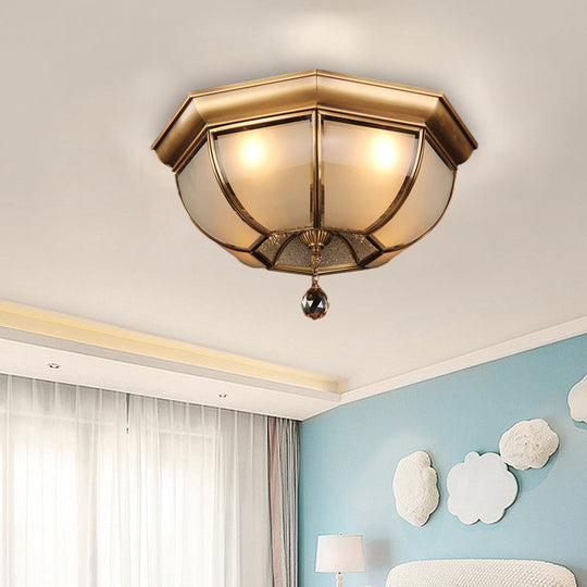 Postmodern Frosted Glass Dome Ceiling Mount Fixture 3/4 Heads Brass Flush Lighting With Crystal