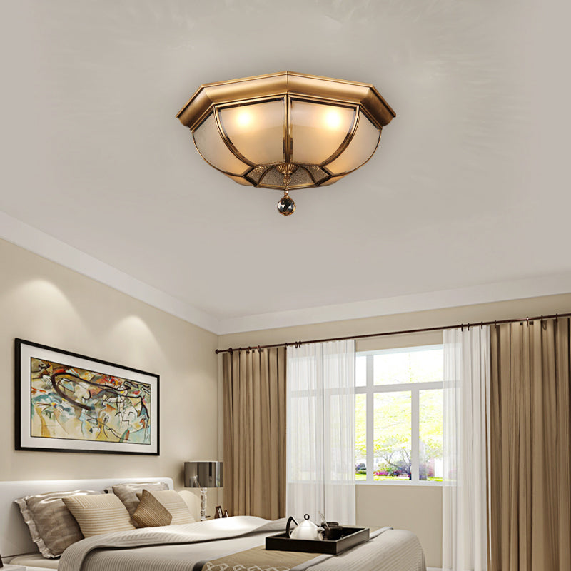 Postmodern Frosted Glass Dome Ceiling Mount Fixture 3/4 Heads Brass Flush Lighting With Crystal
