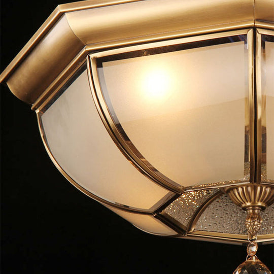 Postmodern Frosted Glass Dome Ceiling Mount Fixture 3/4 Heads Brass Flush Lighting With Crystal Drop