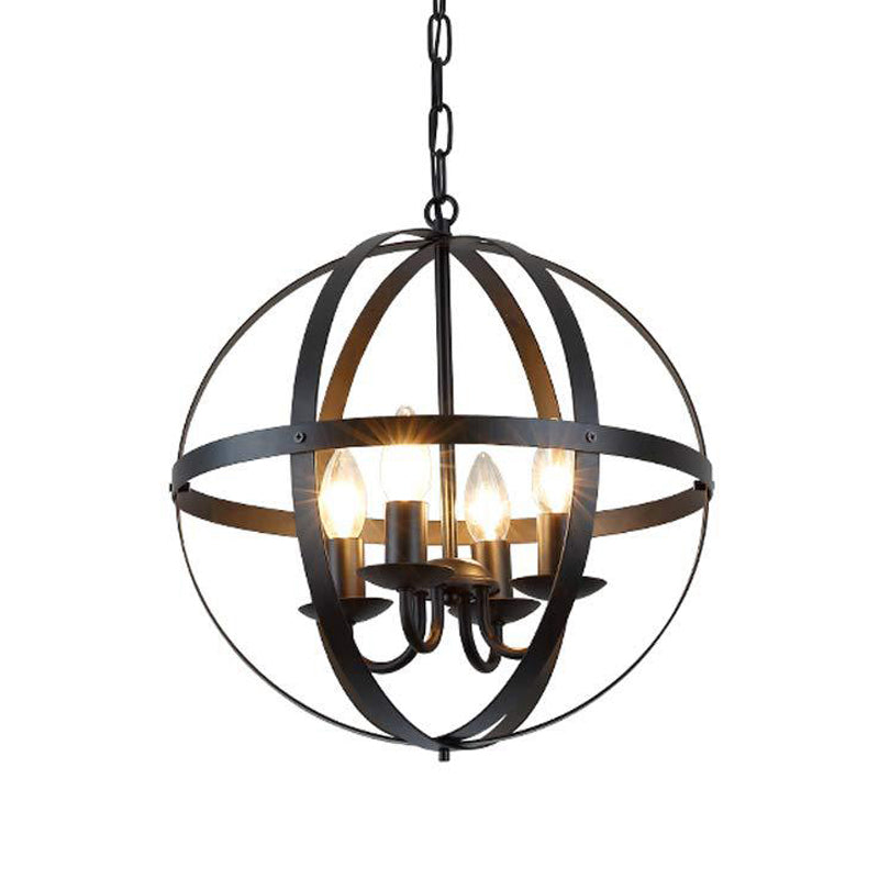 Vintage Black Globe Metal Chandelier - 4 Bulb Pendant Lighting For Dining Room Ceiling