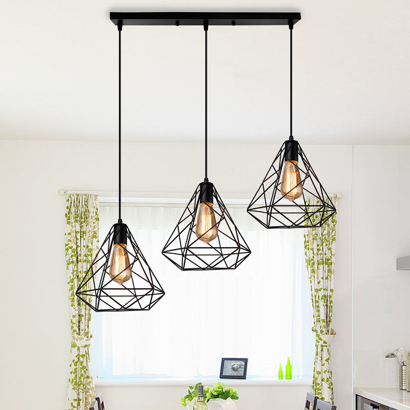 Vintage Metal 3-Light Black Diamond Ceiling Chandelier For Dining Room Pendant Lighting With