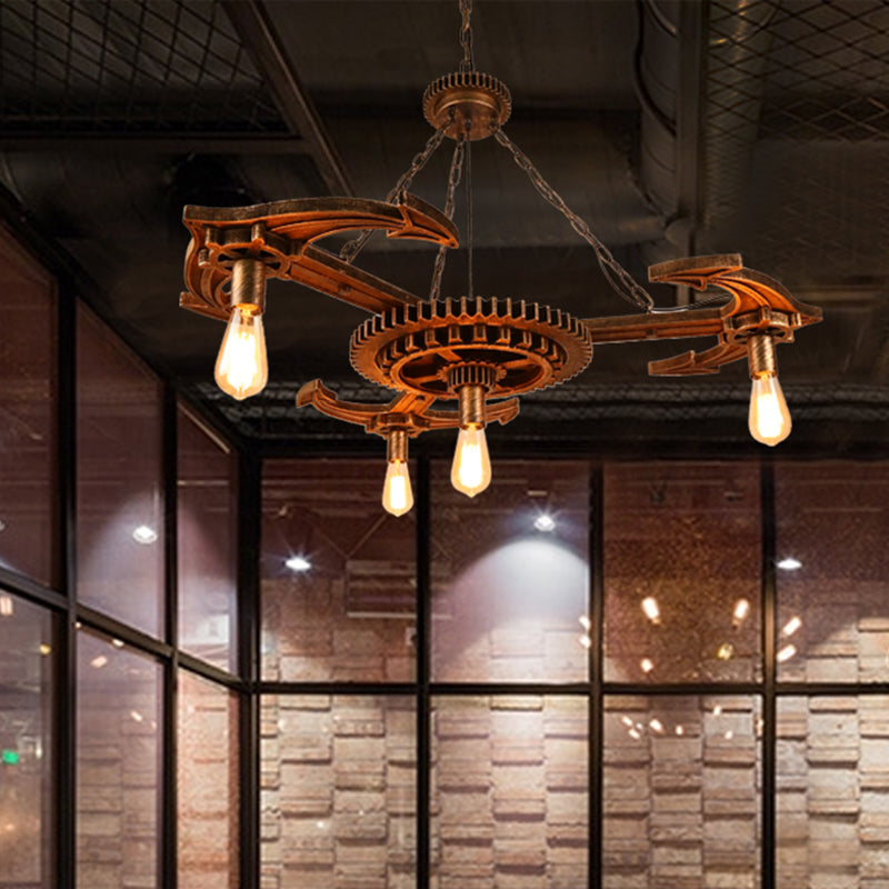 Vintage Antique Bronze Metal Pendant Chandelier With 4 Open Bulbs - Dining Room Ceiling Lighting