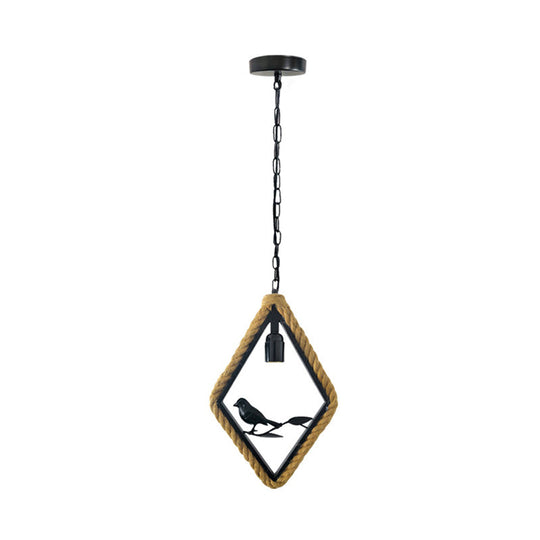 Black Rope Pendant Light Fixture For Living Room With Bird Deco: Round/Rhombus/Square Design