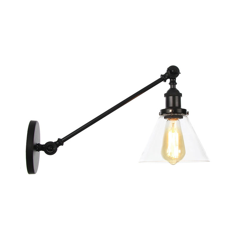 Modern Industrial Conical Sconce Light Clear Glass Lighting Fixture In Black/Bronze/Brass 8/12 L Arm