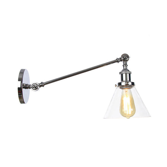 Modern Industrial Conical Sconce Light Clear Glass Lighting Fixture In Black/Bronze/Brass 8/12 L Arm