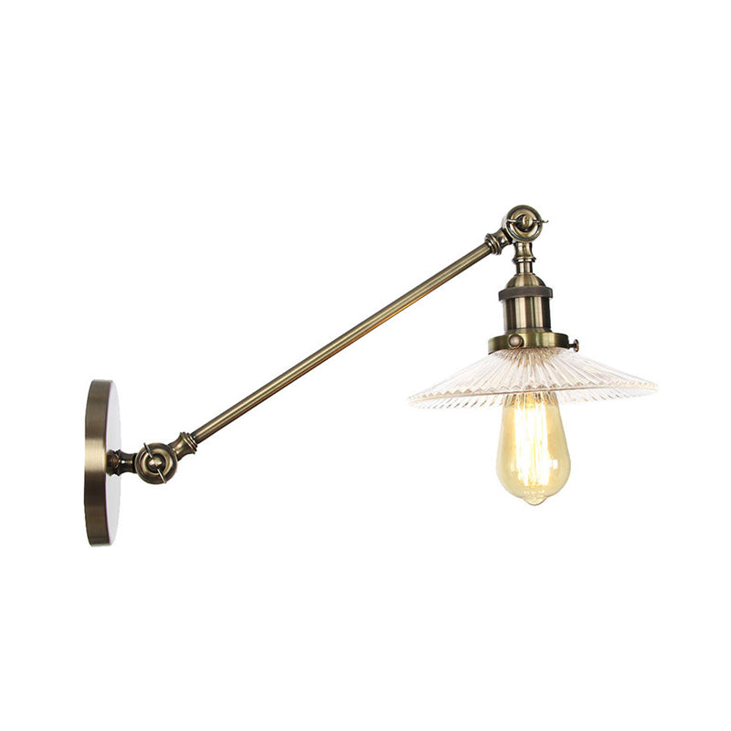 Vintage Clear Glass Ribbed Wall Lamp Saucer - Bronze/Brass/Copper Finish 1 Light Fixture 8/12 L Arm