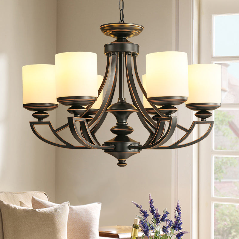 Traditional Starburst Pendant Chandelier - Black Metal Ceiling Lamp With Frosted Glass Shade
