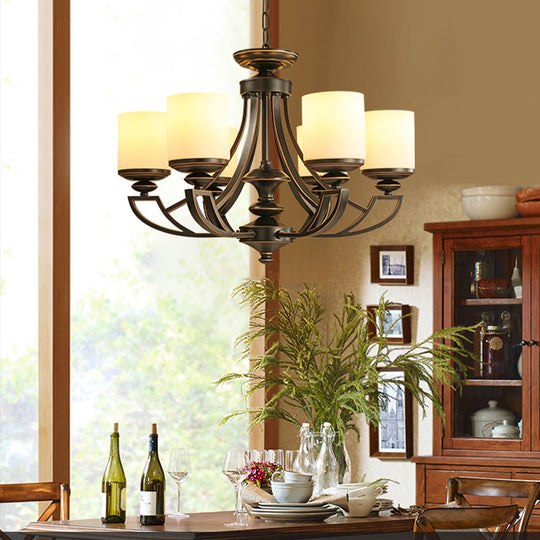 Traditional Starburst Pendant Chandelier - Black Metal Ceiling Lamp With Frosted Glass Shade