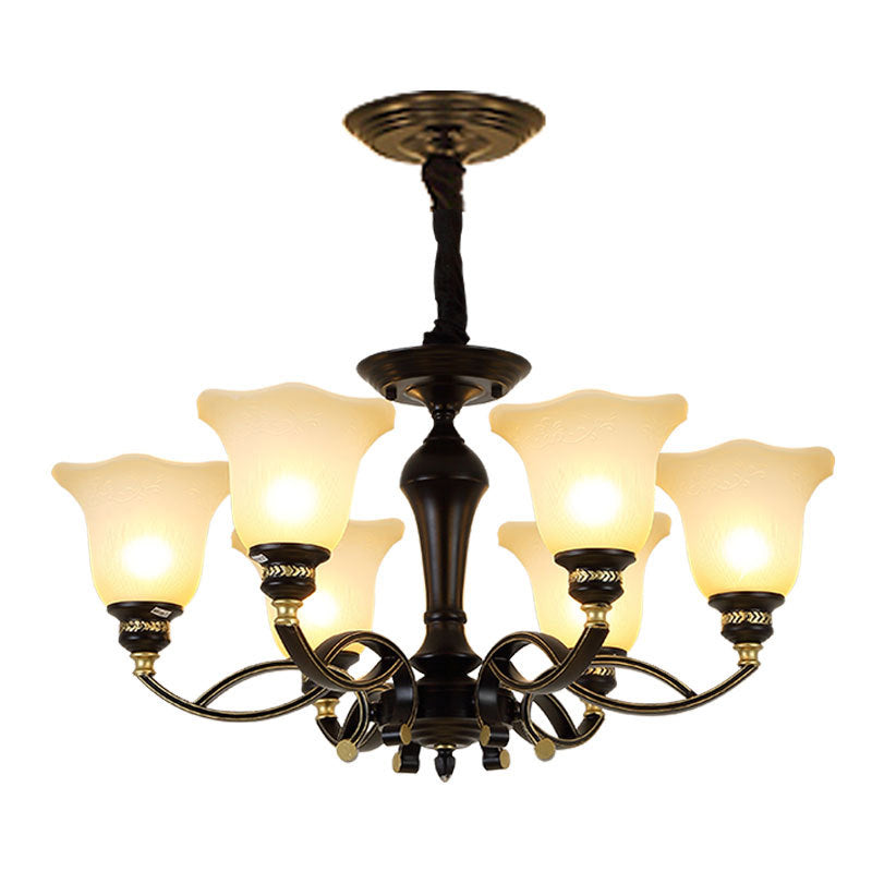 Traditional Blossom Chandelier - White Frosted Glass Ceiling Lamp Fixture In Black 6 /