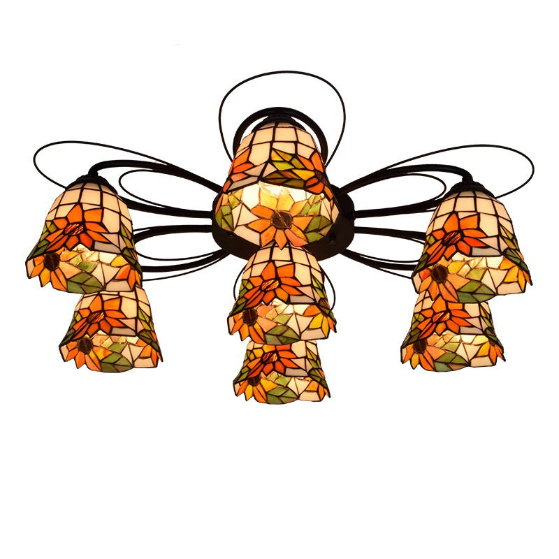 Tiffany Stained Glass Bowl Ceiling Light Fixture - Red/Orange/Green Semi Flush Mount 3/7/9 Heads 7