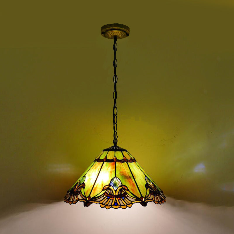 Green Glass Baroque Conical Pendant Light Kit - 1-Light For Dining Room
