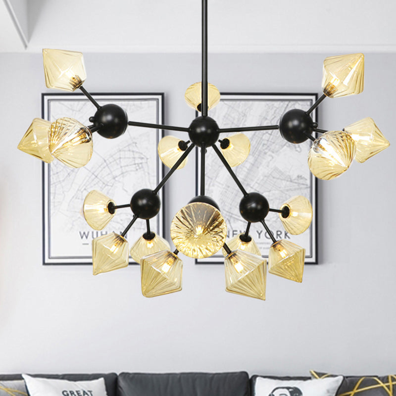 Modern Amber Glass Diamond Chandelier Pendant Light With 18 Heads In Black