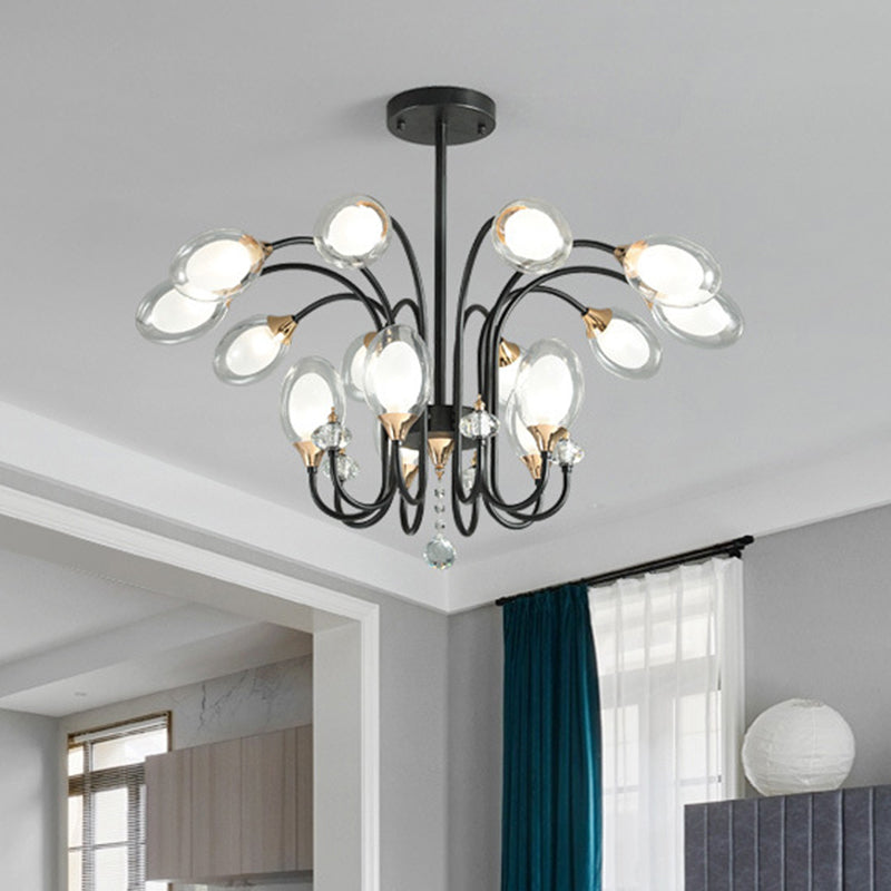 Contemporary Clear Glass Hanging Chandelier - Oval Shape 9/15 Bulbs Black Pendant Light 15 /
