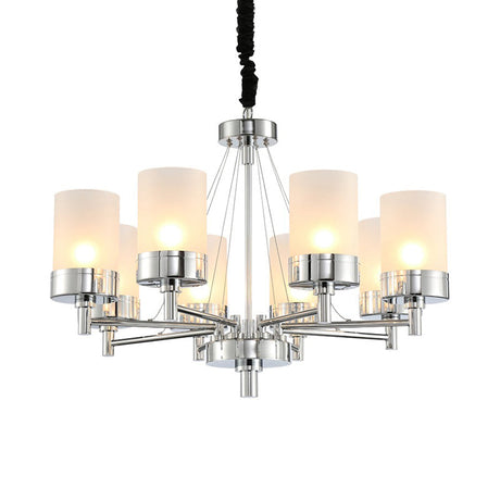 Modernist Frosted Glass Pendant Light Fixture - 8 Heads Cylinder Chandelier In Chrome Finish