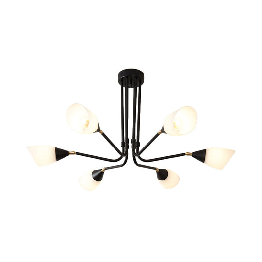 Modern 4/6/8 Bulbs Ceiling Chandelier - Black Flared Pendant Light With Milky Glass Shade