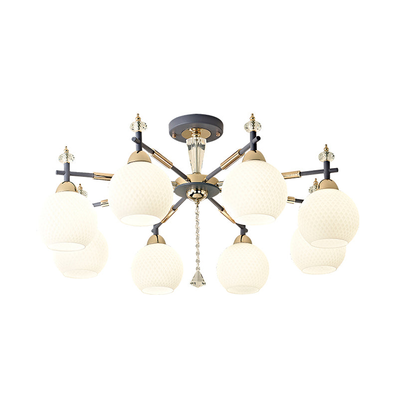 Modern Grey Pendant Chandelier With Milk Glass Shades - 8 Bulb Living Room Lighting Fixture